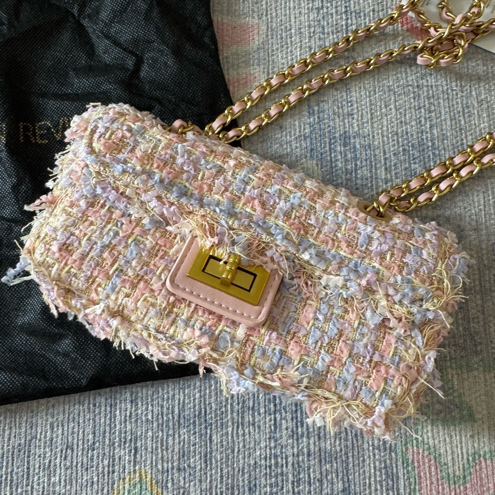 Urban Revivo Pink Tweed Shoulder Bag with Gold Chain